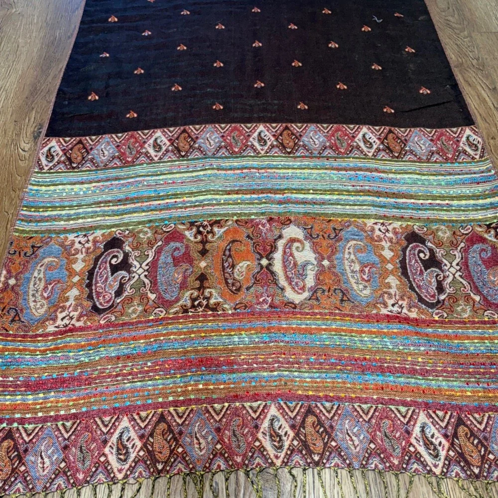 Vintage Cashmere Silk Scarf shawl‎ bohemian indie paisley wrap festival brown